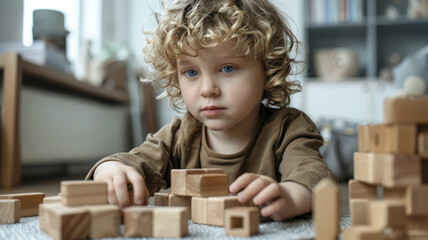 Fototapeta na wymiar Toddler playing with wooden blocks