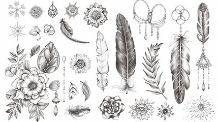 Hand-drawn set of accessories and decorations for boho chic style