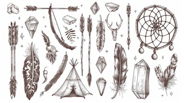 The wigwam, arrows, feathers, crystals, dreamcatcher, etc. are all hand-drawn elements of the Boho type for designing.