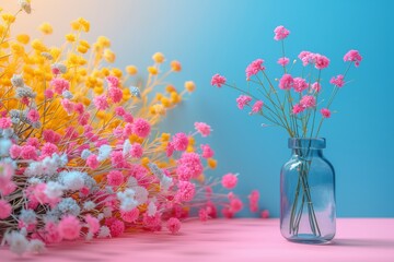 Colorful flowers in vase against blue background