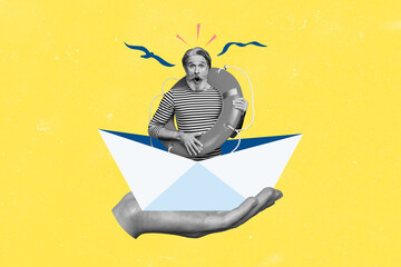Composite photo collage of hand paper boat scared old man sailor hold lifebuoy safety risk trip...