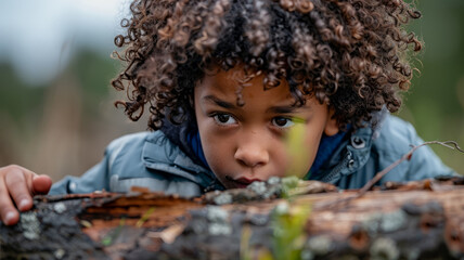 Young boy peeking over log outdoors