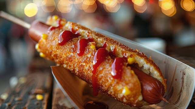 A corndog with ketchup and mustard on a paper tray.