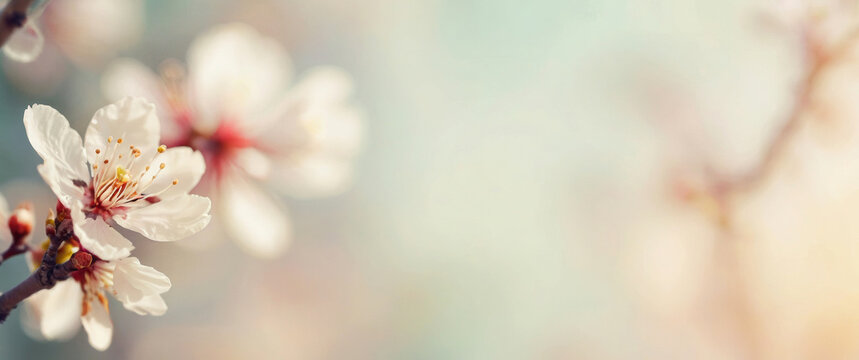Sakura cherry blossom flowers with blurred turquoise pink background banner