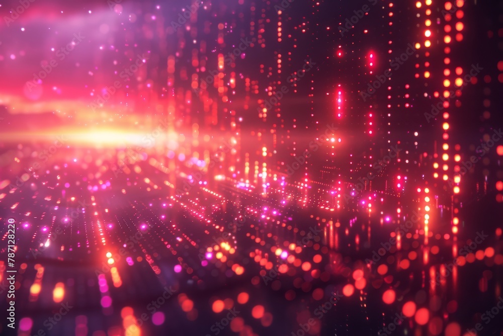 Poster an immersive abstract image capturing a beautiful scene with sparkling red and pink light particles 