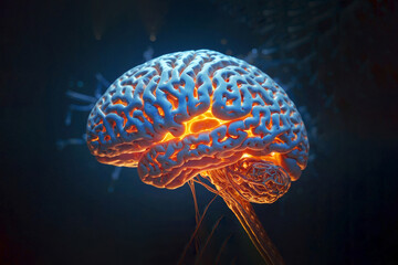 Explore the depths of the human mind with a stunning rendering of a brain, complete with firing neurons. Abstract brain is surrounded by a dark background