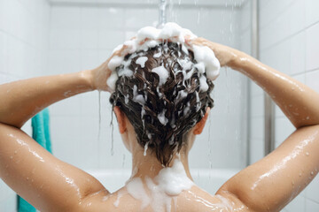A woman washes her hair in the shower. Water pours on her head, and her hair is covered with foam. Back view