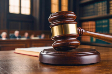 Judge gavel and sounding board on the table against the backdrop of the courtroom. Judge gavel and sounding board on the table. Law wooden gavel close up. auction law hammer