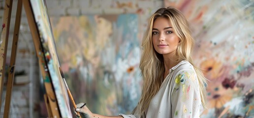 artist girl paints a picture with paints