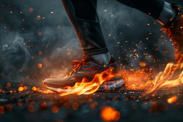 Fiery running sneakers and dynamic sparks - obrazy, fototapety, plakaty