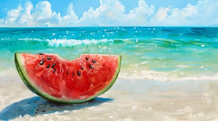 Glistening watermelon slice on sunlit tropical beach pops with vibrant reds and greens against serene blue ocean backdrop - obrazy, fototapety, plakaty