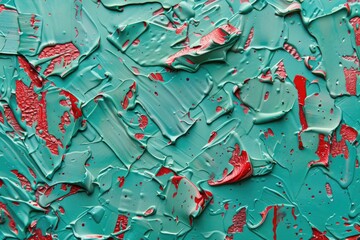 top down view of an aqua green and red textured surface wall background in the style of an abstract expressionist painter