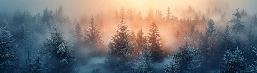 Fototapeta na wymiar Scandi forest, twilight, aerial view, serene snowfall, pastel sky ,Hyper realistic photography