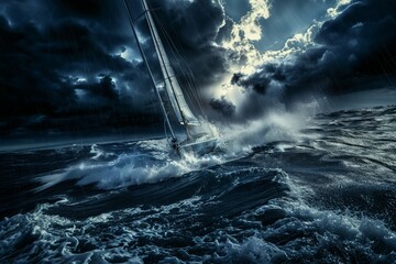 Sailboat during a big storm on the high seas - obrazy, fototapety, plakaty