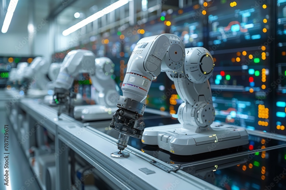 Poster robotic arms lined up in a manufacturing setting with illuminated server racks in the background