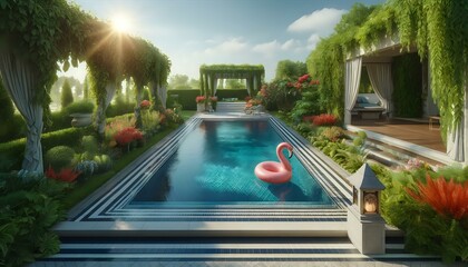 Luxurious Pool Garden with Pink Flamingo