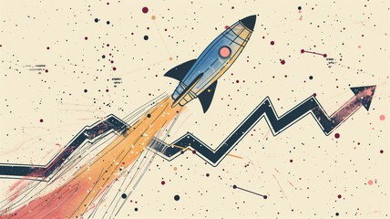 A line drawing of a rocket with a stock chart path as its trail.