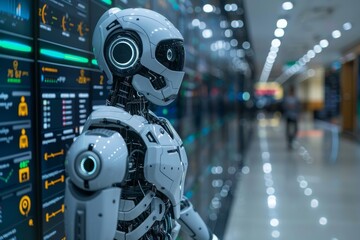 White humanoid robot standing in a modern server room with glowing screens displaying data