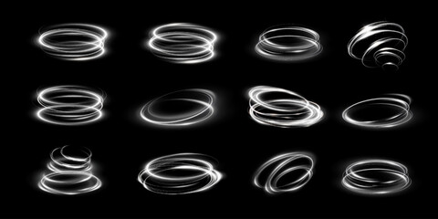 Glowing white spiral. Speed ​​abstract lines effect. Rotating shiny rings. Glowing circular lines. Glowing ring trail. Vector.	