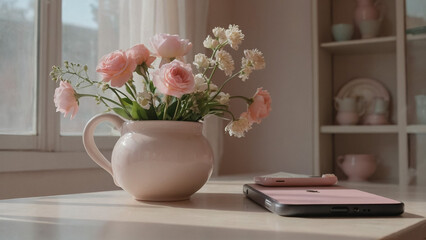 Pink flowers in a vase.


