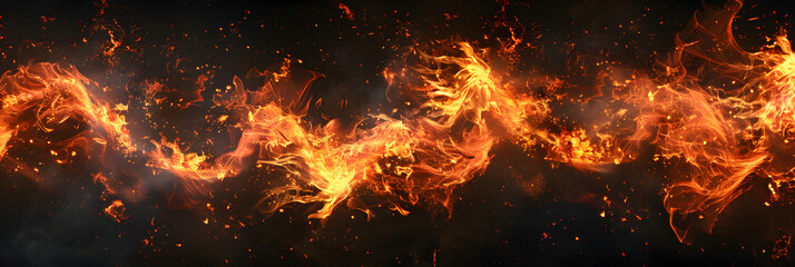 Fototapeta na wymiar Abstract fire and smoke at night panoramic banner of burning pattern isolated on black background Concept of flame texture.