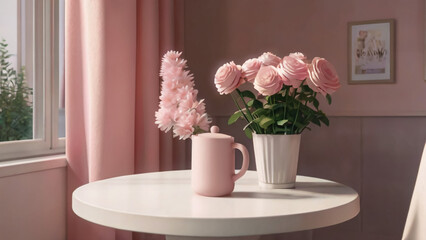 Pink flowers in a vase.
