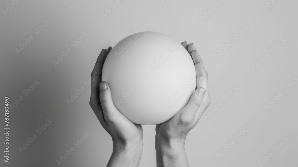 Poster a pair of hands holding a white, round object is isolated over a light background for easy use in de