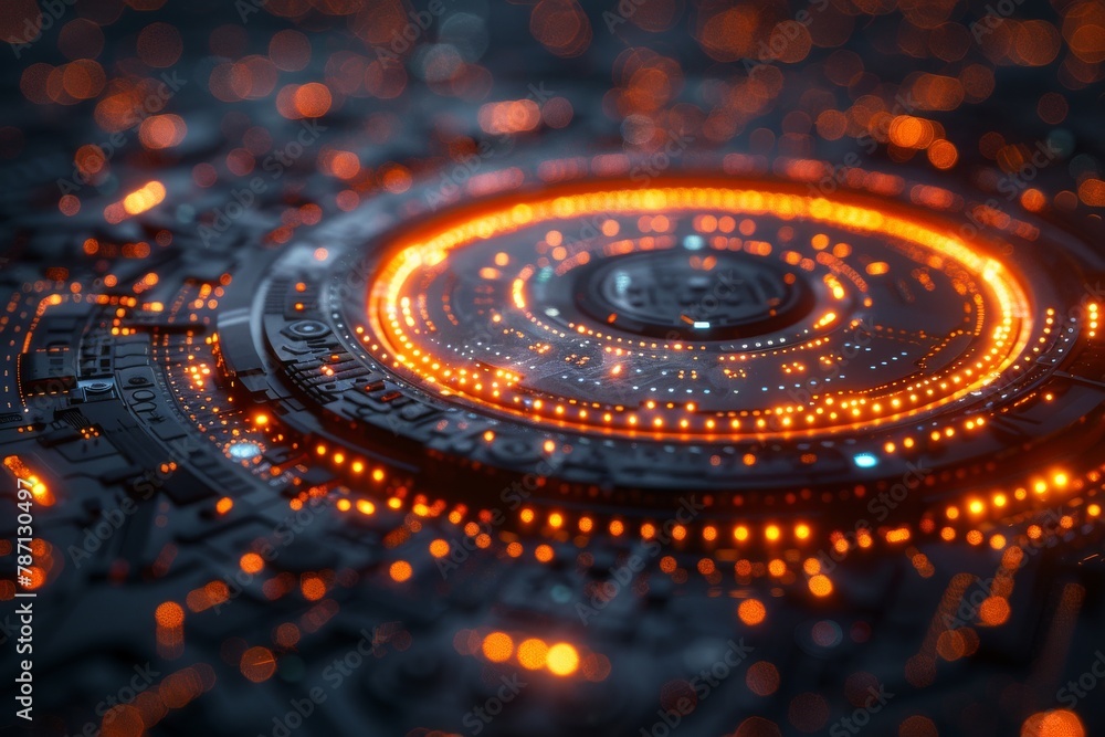 Poster a circular tech design with a vibrant red glow suggesting advancements in technological networks