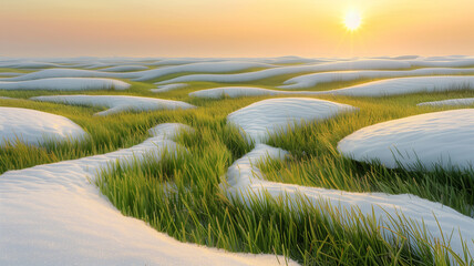 Abstract view of green grass patterns weaving through melting snow under a dreamy sunrise, inviting contemplation and celebrating the peaceful arrival of spring - obrazy, fototapety, plakaty