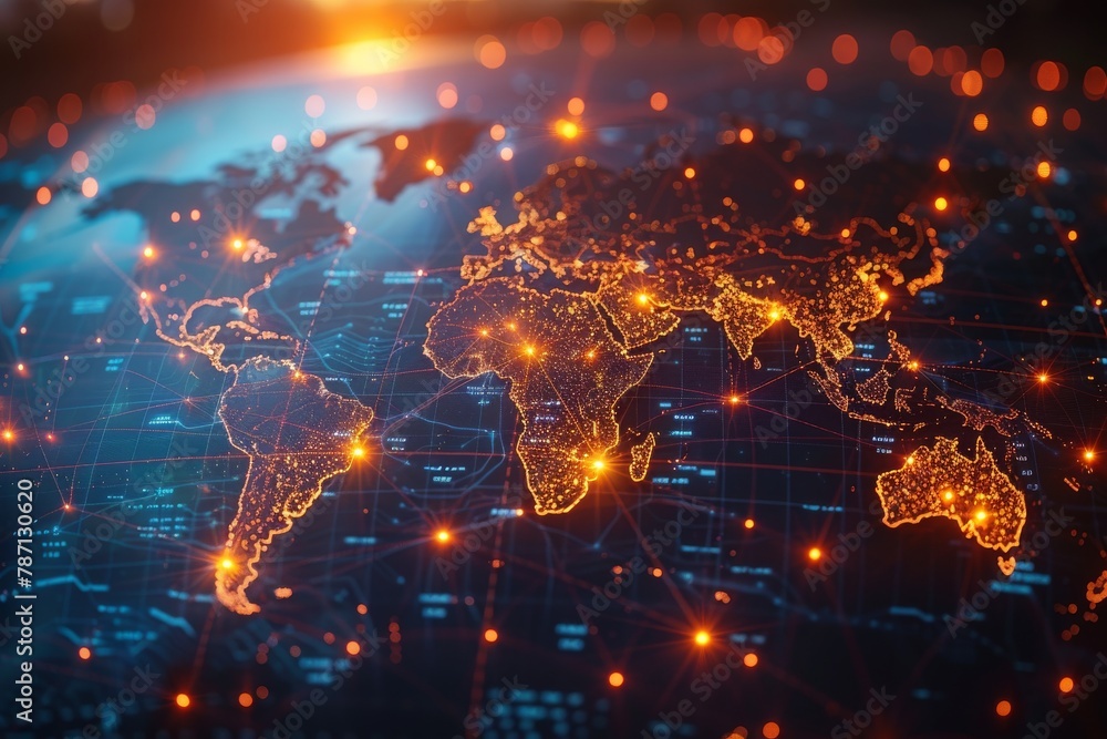 Poster Close view of a digital global map portraying fiery connections across continents to display worldwide networking