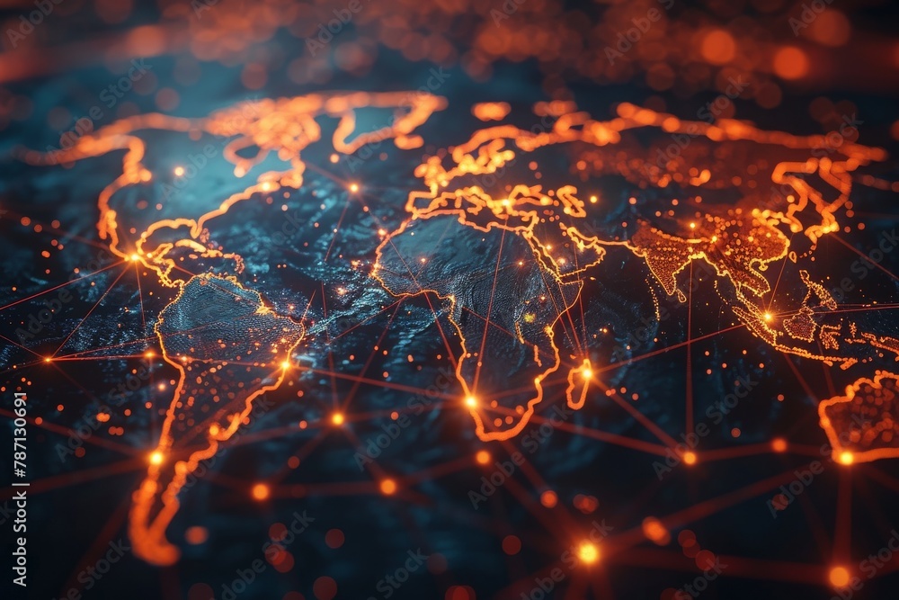 Poster the image showcases red light connecting various continents on earth depicting the global networking
