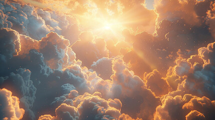 Celestial display of white and golden clouds with sunbeams breaking through, illustrating the...