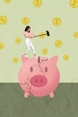 Trend artwork sketch image 3D photo collage of young poor lady hold in hands hammer breaks stand on...