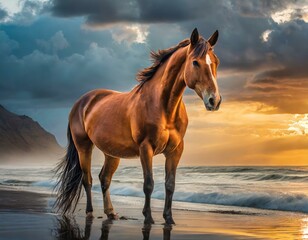 Obraz premium A brown horse standing on top of a sandy beach under a cloudy blue and orange sky with a sunset 