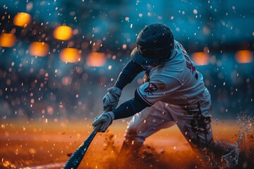 Baseball player swinging bat with water splashes - obrazy, fototapety, plakaty