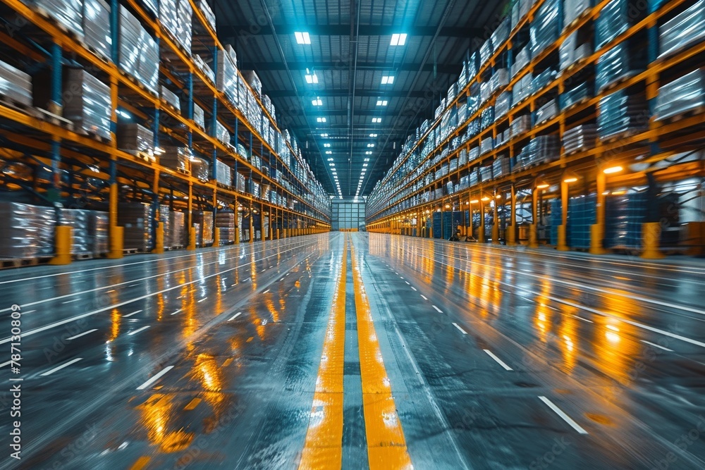 Aufkleber a vibrant visual of a warehouse's conveyor system in action, creating a powerful sense of motion and