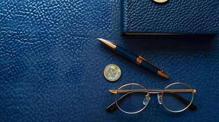 Flat lay view of money coin eyeglasses pen and book bank on blue leather background with copy space...