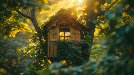 A treehouse, with lush green foliage as the background, during a sunny afternoon - obrazy, fototapety, plakaty