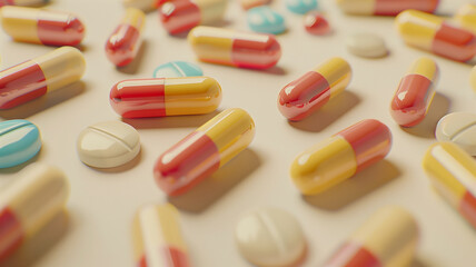 capsule pills artistically arranged on a light background, reflecting on the theme of antibiotics drug resistance and global healthcare, photorealistic, with copyspace