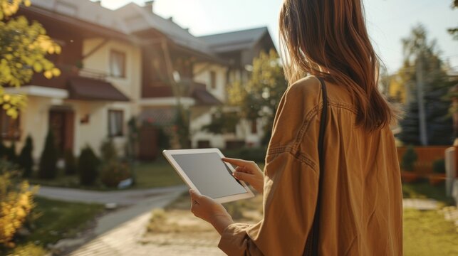 In the image is a girl with a tablet, searching online for a house to buy or rent. Real estate. Online shopping for houses to buy or rent.