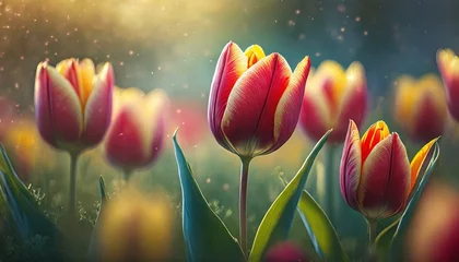 Fotobehang Beautiful red and yellow tulips in a spring garden © Micaela