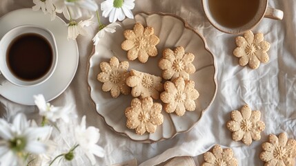 Shortbread coffee cookies in the shape of a flower served in a minimalist style on linen fabric with a coffee pair