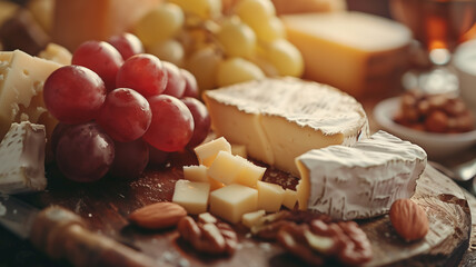 close-up image of an artisan cheese board, with an assortment of cheeses, nuts, and grapes, under warm lighting