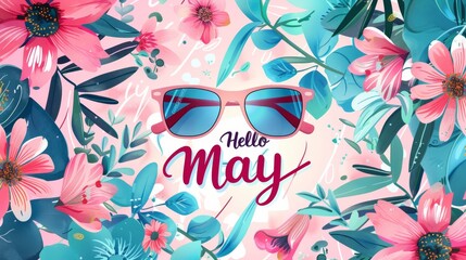 Summer floral bright poster with the inscription "Hello May!".