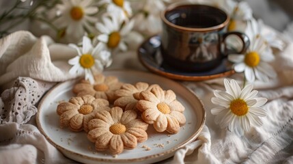 Shortbread coffee cookies in the shape of a flower served in a minimalist style on linen fabric with a coffee pair
