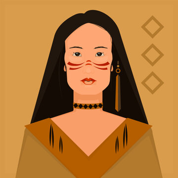Simple vector portrait of a girl - a descendant of Native Americans. Postcard depicting a mestizo girl in Native American costume on a yellowish background