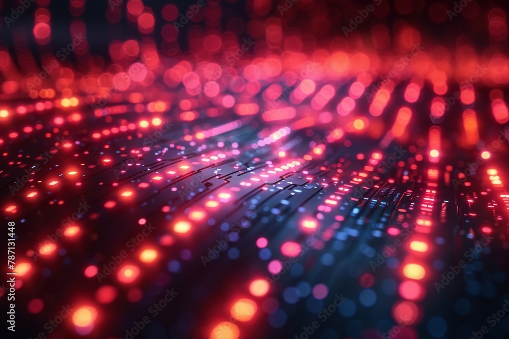 Poster a close-up of glowing red digital optic fibers creating a dynamic and abstract visual effect illustr