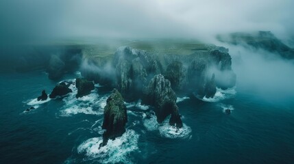 Coastal rocks Ireland fog aerial peaceful landscape freedom scene beautiful nature wallpaper photo