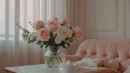 Pink flowers in a vase.
