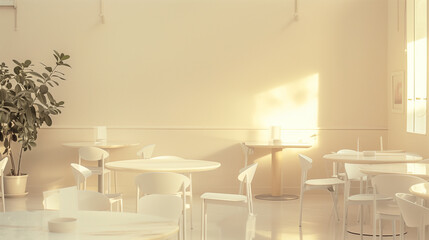 Radiant Ambiance: Abstract Golden Hour Aesthetic Setting in a Modern Coffee Shop.